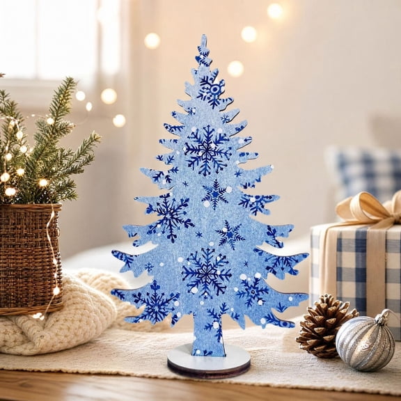 Yaayu Wooden Christmas Tree Tabletop Decoration, Blue-themed Snowflake Holiday Ornament, Christmas Decoration Supplies for Shelf Desk Home, Blue