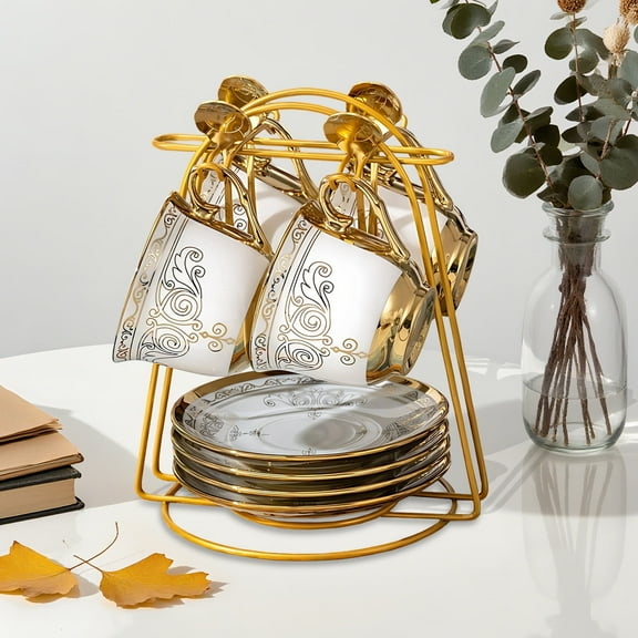 Yabanana 13 Pcs Ceramic Coffee & Tea Cups Set with plate and Metal Stand for Tea, Coffee, Cafe Mocha, (Set of 4, 7 oz, Geometric Figure)