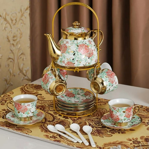 Yabanana 20 Pcs Tea Set Coffee Set, Gilded Pattern Ceramic Vintage Tea Set with Metal Stand and Spoon Painting Coffee Tea Set (Style 1)