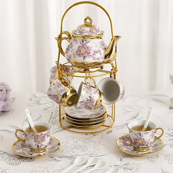 Yabanana 20 Pieces Tea Set Coffee Set, Gold Plated Rose Ceramic Vintage Tea Set with Metal Holder