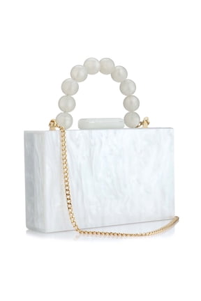 Acrylic Purses Evening Clutch Bag Marbling Handbags for Women Cross Body Bag with Pearl Chain Formal Wedding Prom Party (White)