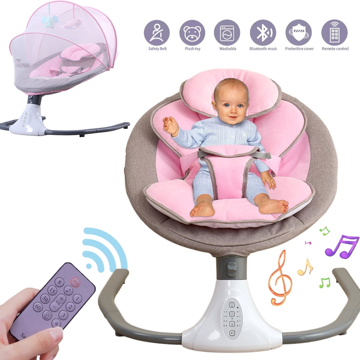 Yabanana Electric Baby Swing for Infant Portable Musical Swing with Remote Control, Bluetooth,Unisex, Pink
