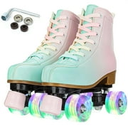 Yabanana Kids & Adult Flashing Wheels Roller Skates, Double-Row Quad Skates(Green Pink, Women 5.5/Men 4.5)