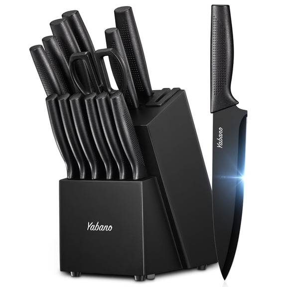 Yabano 14 Pieces Stainless Steel Knife Set with Built-in Wooden Block, Black