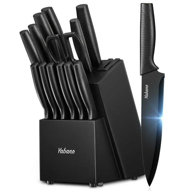 Yabano Knife Set with Builtin Sharpener Wooden Block, Sharp Black