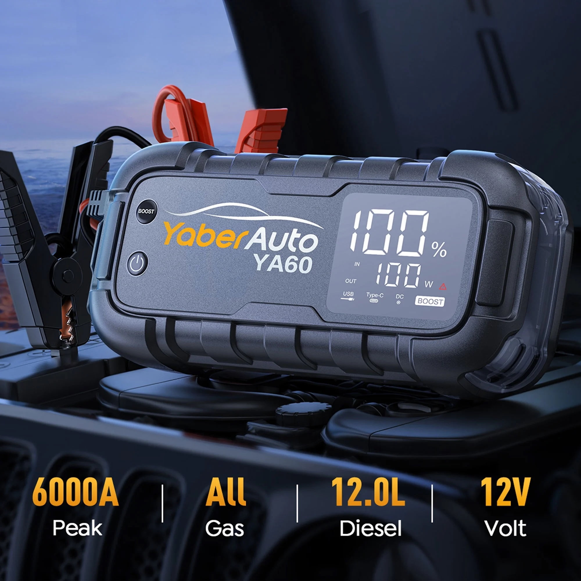 YaberAuto Car Battery Jump Starter 6000A Powerful Portable Jump Box( for All Gas/ 12L Diesel Engines)45W Fast Charging,Extended Jumper Cables,600 Lumens Light