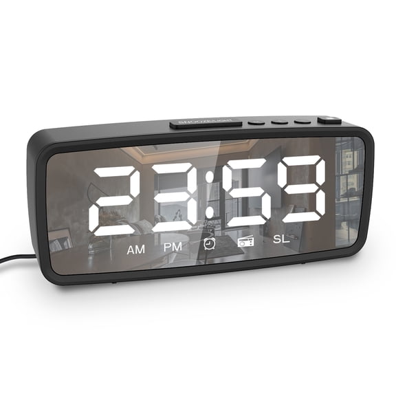 Yabuy Digital Alarm Clock Radio, Mirror Alarm Clock, 3 Levels Dimmer, Radio with Sleep Timer, Adjustable , Dark Mode, Snooze, 12/24H Alarm Clocks for Bedroom