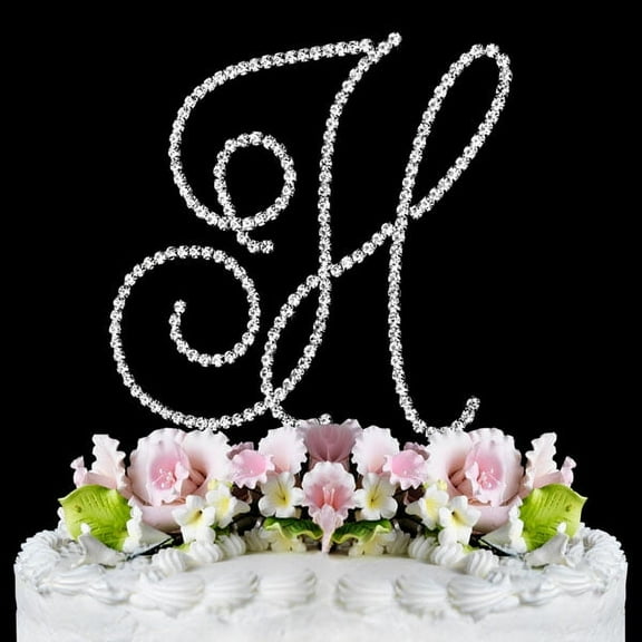 Yacanna Swirl Design Crystal Monogram Cake Toppers Silver Cake Initial H Large