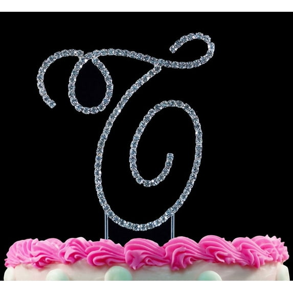 Yacanna Swirl Design Crystal Monogram Cake Toppers Silver Cake Initial T Large