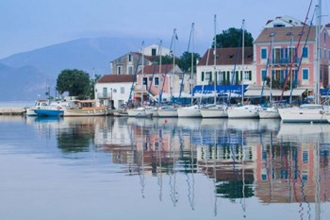 Yacht Harbor Fiskardo Kefalonia Ionian Islands Greece Canvas Art - Walter Bibikow DanitaDelimont (28 x 19)