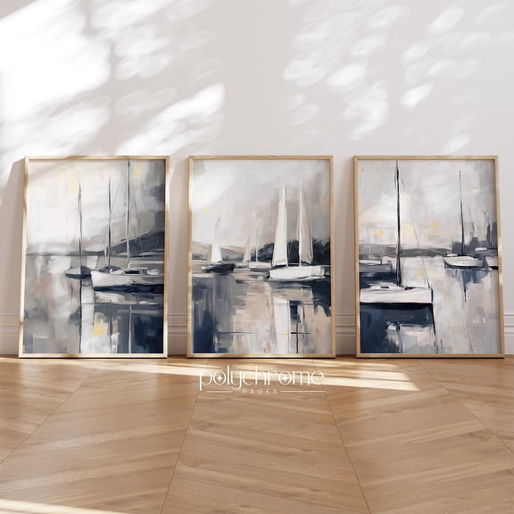 Yacht Sailboat Seascape in Navy Blue Lake House Fishing Cabin Theme Decor Nautical Harbor Boat Art Set 3 Stretched Canvas