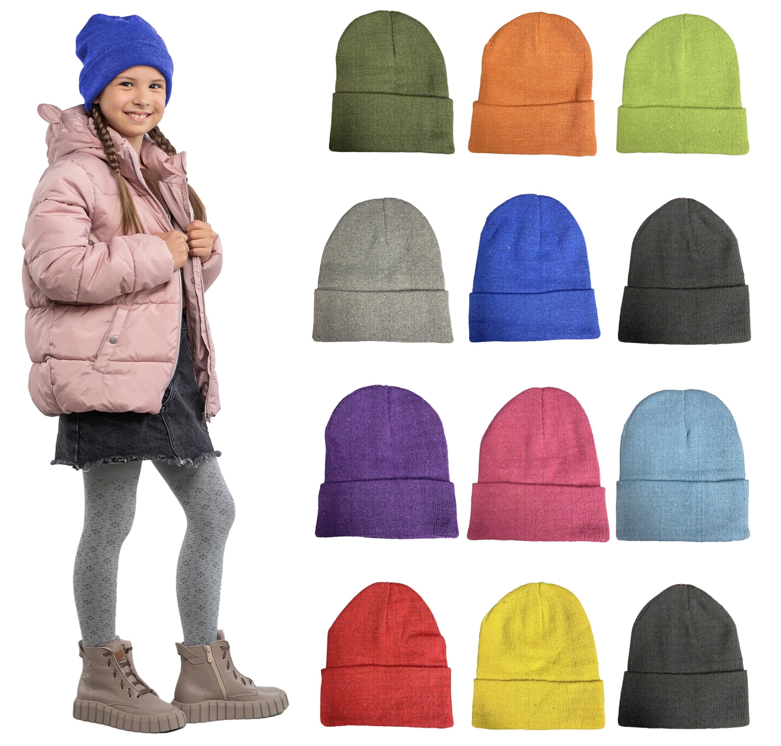 Yacht & Smith 12 Pack Kids Winter Beanie Hat Assorted Colors Bulk Pack Warm Acrylic Cap for Children
