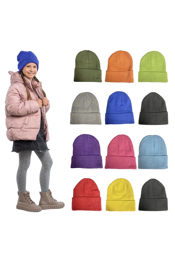 12 Pack Kids Winter Beanie Hat Assorted Colors Bulk Pack Warm Acrylic Cap for Children