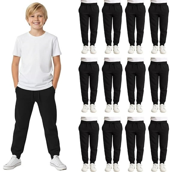 Yacht & Smith 12 Pack of Boys Jogger Bulk Sweatpants, Black Navy Gray, Comfy Lounge Joggers for Kids (Black, Medium)