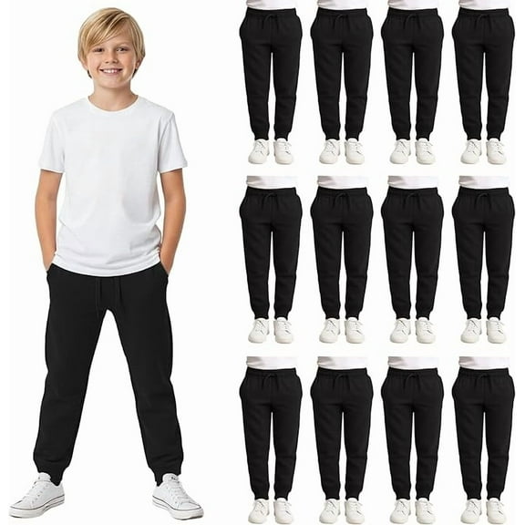 Yacht & Smith 12 Pack of Boys Jogger Bulk Sweatpants, Black Navy Gray, Comfy Lounge Joggers for Kids (Black, X-Large)