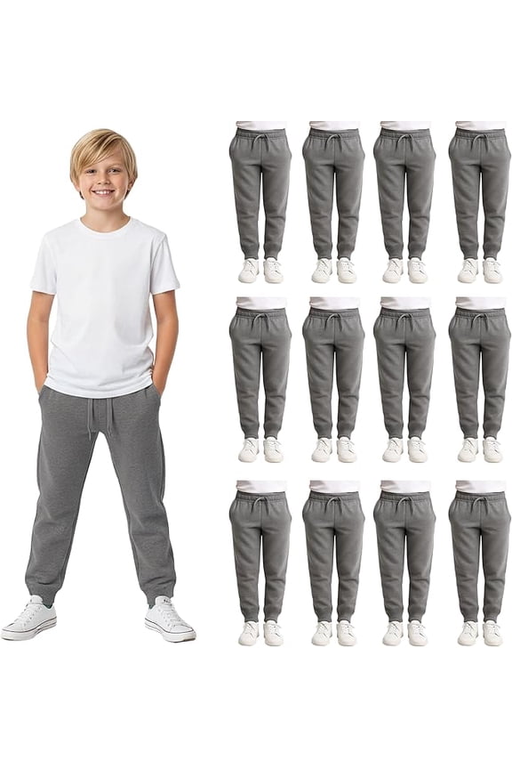 12 Pack of Boys Jogger Bulk Sweatpants, Black Navy Gray, Comfy Lounge Joggers for Kids (Gray, X-Large)