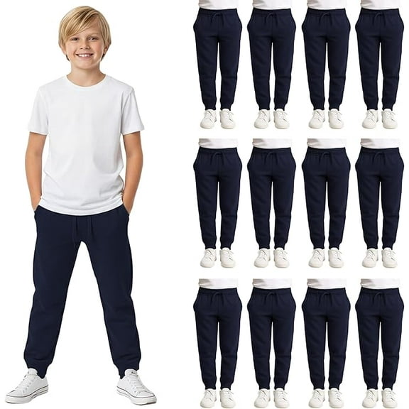 Yacht & Smith 12 Pack of Boys Jogger Bulk Sweatpants, Black Navy Gray, Comfy Lounge Joggers for Kids (Navy Blue, Medium)