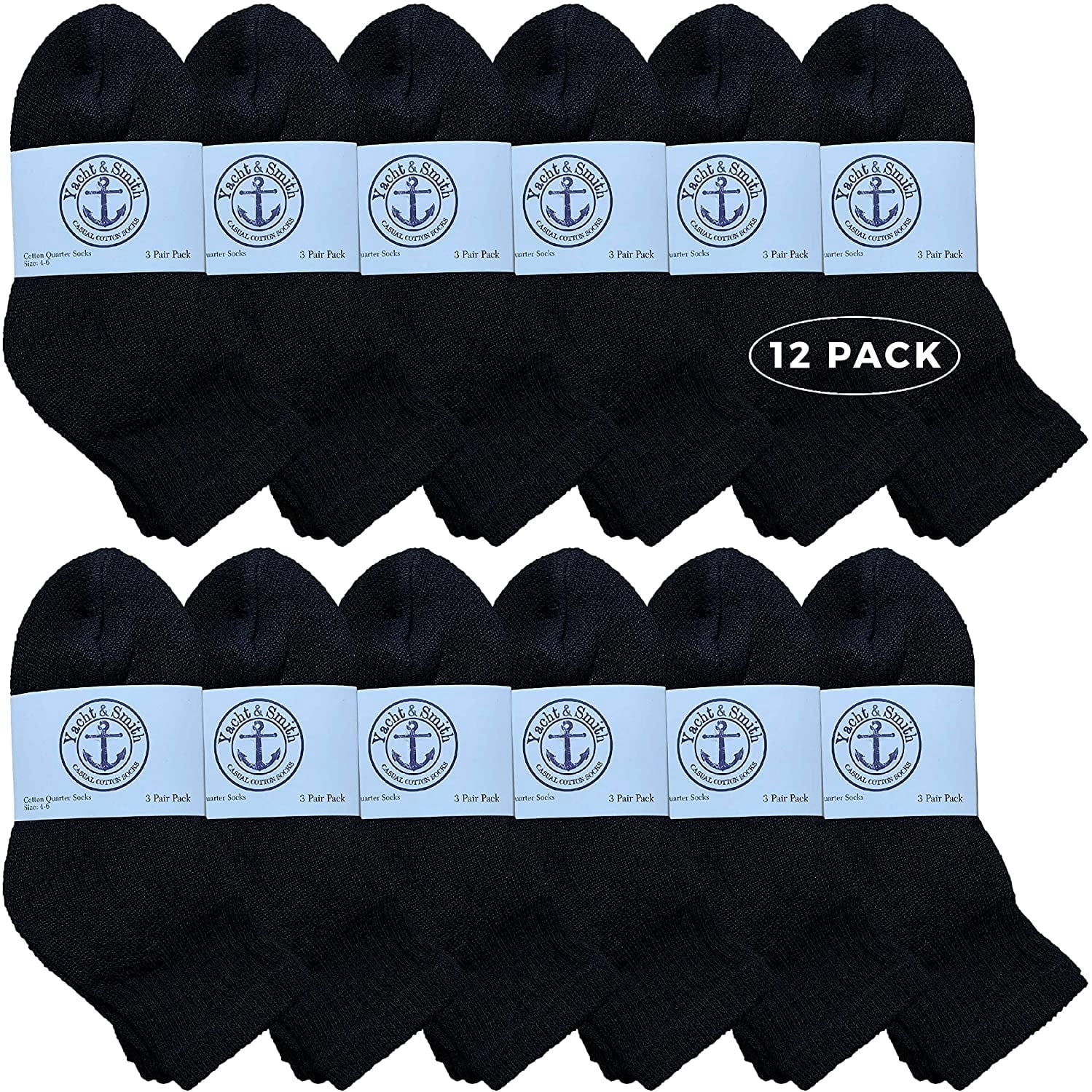 Yacht & Smith 12 Pair Of Kids Black Quarter Ankle Athletic Socks for Kids, Sock Size 4-6