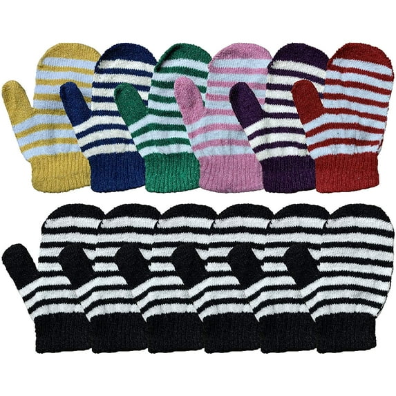 Yacht & Smith 12 Pairs Childrens Solid Colored Gloves and Striped Colorful Mittens, Ages 3-8. Kids, Bulk (12 Pairs Striped Mittens Black/Color)