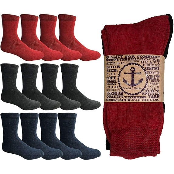 Yacht & Smith 12 Pairs Cotton Thermal Crew Socks, Women, Warm Thick Boot Sock, Bulk, 9-11