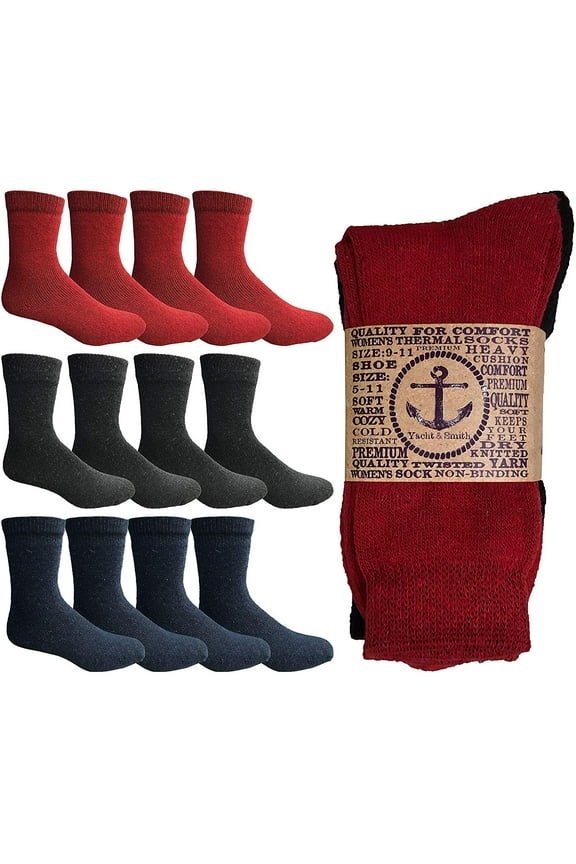 12 Pairs Cotton Thermal Crew Socks, Women, Warm Thick Boot Sock, Bulk, 9-11