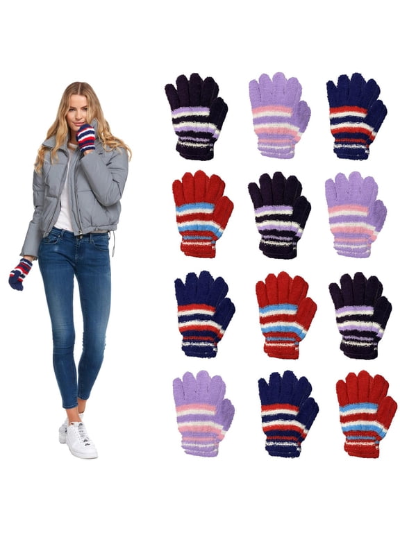 12 Pairs Women's Winter Gloves, Magic Stretch, Purple Red and Navy Blue, Soft, Bulk (Solid Assorted - D, 12 PACK)