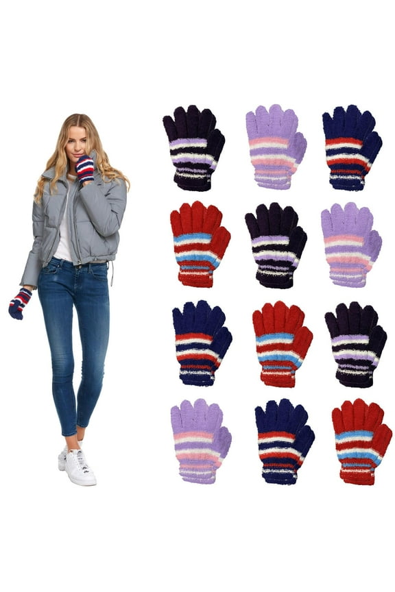 12 Pairs Women's Winter Gloves, Magic Stretch, Purple Red and Navy Blue, Soft, Bulk (Solid Assorted - D, 12 PACK)