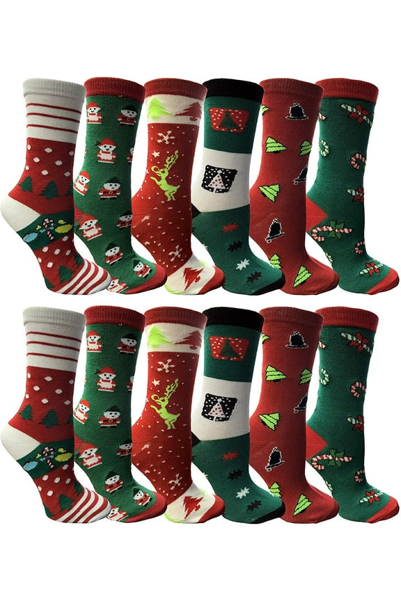 12 Pairs Womens Christmas Socks, Novelty Holiday Socks, Fun Colorful Festive, Crew, Slipper Socks