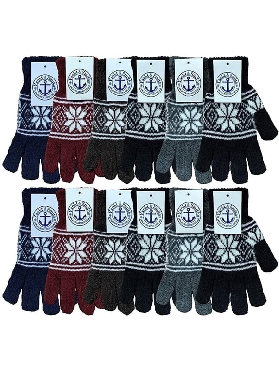 12 Pairs of Adult Wholesale Bulk Winter Magic Gloves Warm Brushed Interior, Stretchy Assorted Mens Womens