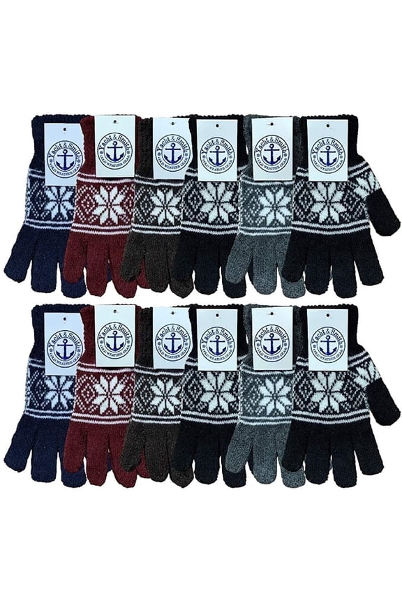 12 Pairs of Adult Wholesale Bulk Winter Magic Gloves Warm Brushed Interior, Stretchy Assorted Mens Womens