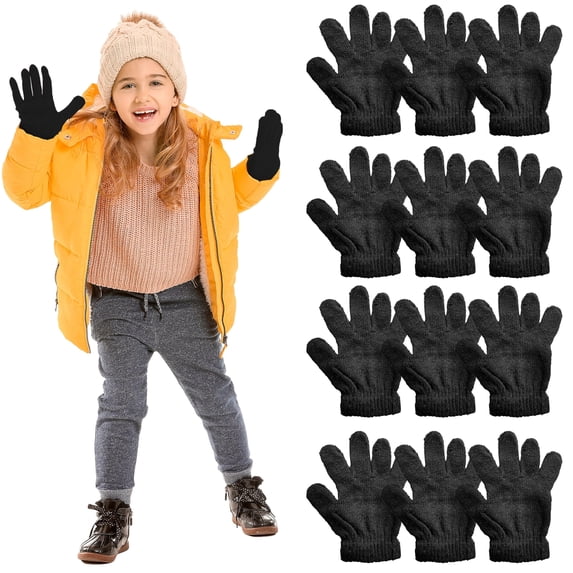 Yacht & Smith 12 Pairs of Winter Gloves Kids - Thermal Knit Stretchy Fuzzy Bulk Glove Colors (Kids Black Gloves)