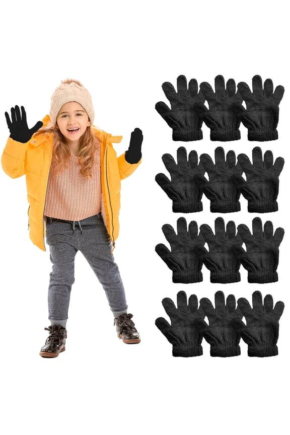 12 Pairs of Winter Gloves Kids - Thermal Knit Stretchy Fuzzy Bulk Glove Colors (Kids Black Gloves)
