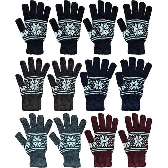 Yacht & Smith 12 Pairs of Winter Gloves Mens and Womens - Thermal Knit Stretchy Fuzzy Bulk Glove Colors (MENS SNOW PRINT)