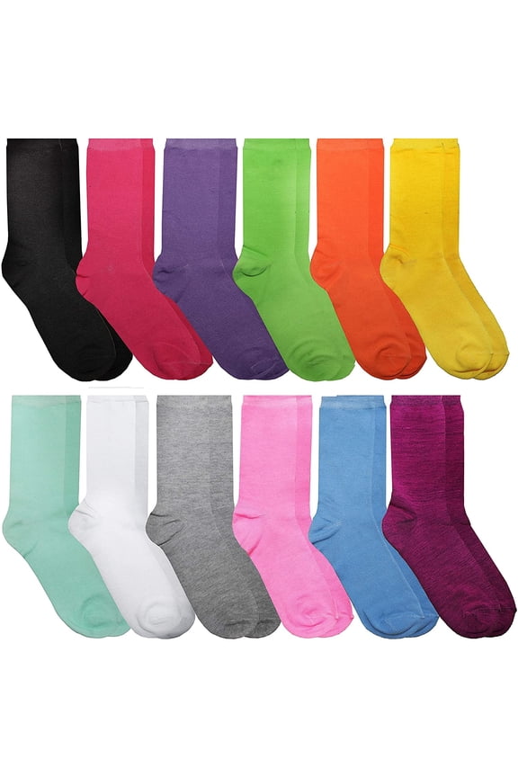 12 Pairs of Womens Casual Crew Socks, Cotton Colorful Fun Patterns, Women Solid Dress Sock (12 Bright Neon Colors)