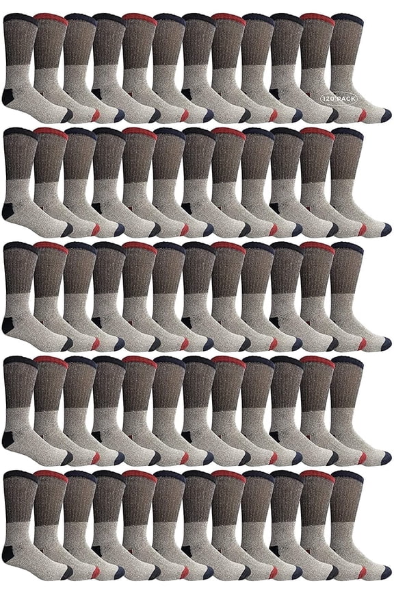 120 Pair Bulk Pack Of Mens Winter Thermal Camping Boot Socks, Cotton Tube or Crew Sock