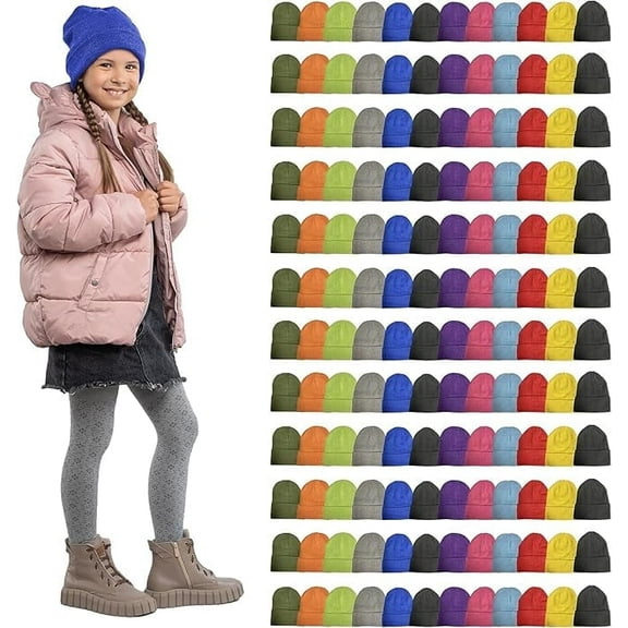 Yacht & Smith 144 Pack of Wholesale Beanie and Winter Bulk Kids Adults Bulk Sets, Homeless Donation Shelters (Kids Bright Beanies)
