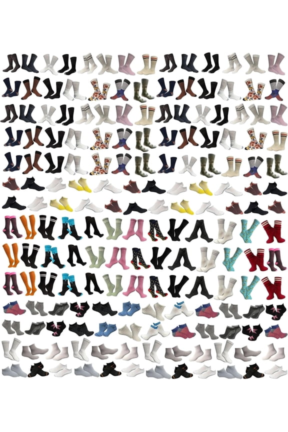 180 Pairs of Sample Socks Mens, Women's, Kids, Crew and Ankle Socks - Mixed Assorted Random Colors Wholesale Lot Bulk, Great for Donating Shelters