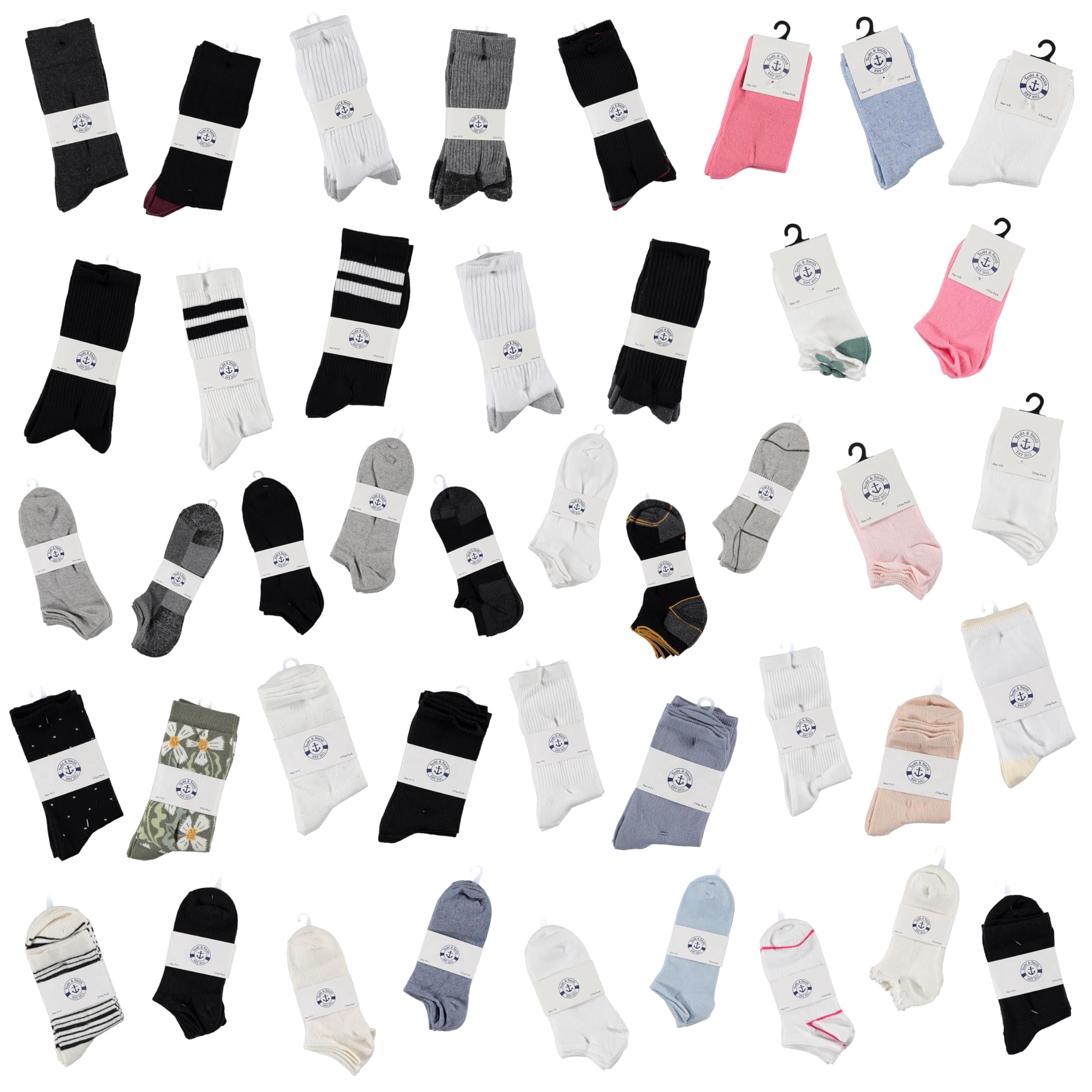 Yacht & Smith 180 Pairs Wholesale Sample Socks Mens, Women's, Kids, Crew and Ankle Socks - Mixed Assorted Random Colors Wholesale Lot Bulk, Great for Donating Shelters