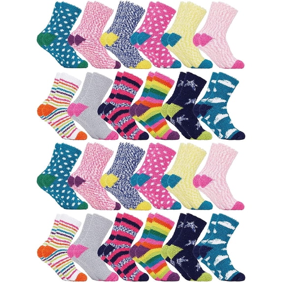Yacht & Smith 24 Pairs Womens Wholesale Bulk Warm And Cozy Fuzzy Socks, Colorful Winter Socks (24 Pairs Motif Designs)