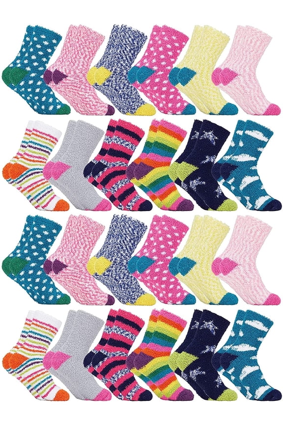 24 Pairs Womens Wholesale Bulk Warm And Cozy Fuzzy Socks, Colorful Winter Socks (24 Pairs Motif Designs)