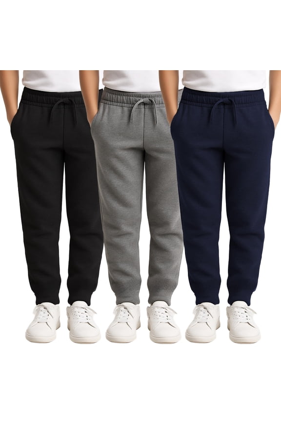 3 Pack of Boys Jogger Bulk Sweatpants, Black Navy Gray, Comfy Lounge Joggers for Kids