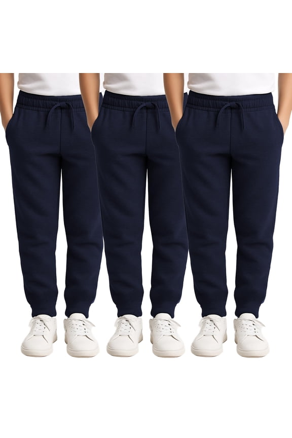 3 Pack of Boys Jogger Bulk Sweatpants, Black Navy Gray, Comfy Lounge Joggers for Kids