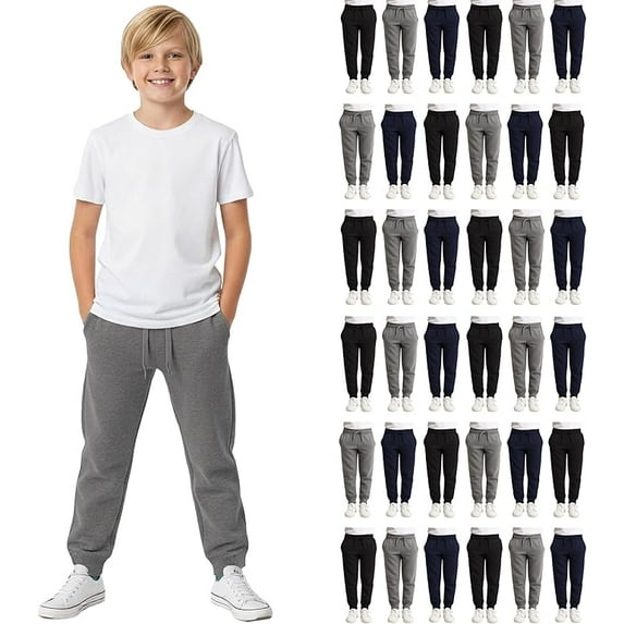Yacht & Smith 36 Pack of Wholesale Childrens Unisex Jogger Bulk Sweatpants, Black Navy Gray, Comfy Lounge Joggers for Kids