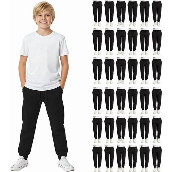 Yacht & Smith 36 Pack of Wholesale Childrens Unisex Jogger Bulk Sweatpants, Black Navy Gray, Comfy Lounge Joggers for Kids