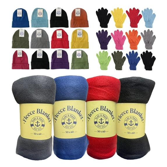 Yacht & Smith 36 Pieces of Winter Kit of Fleece Blankets, Winter Adult Beanies, Winter Gloves - Wholesale Bulk for Homeless Donations