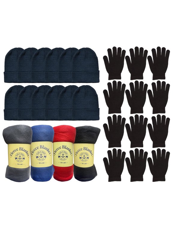 36 Pieces of Winter Kit of Fleece Blankets, Winter Adult Beanies, Winter Gloves - Wholesale Bulk for Homeless Donations