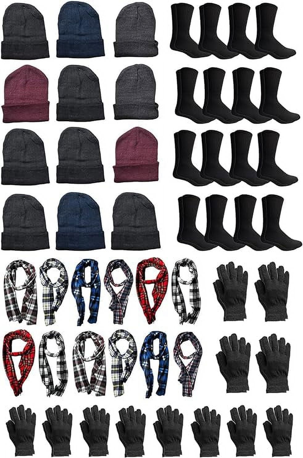 Yacht & Smith 48 Piece Bulk Mens Winter Kit For Adults: 12 Pairs Gloves + 12 Beanies + 12 Crew Socks + 12 Scarves, Donating Homeless Packs
