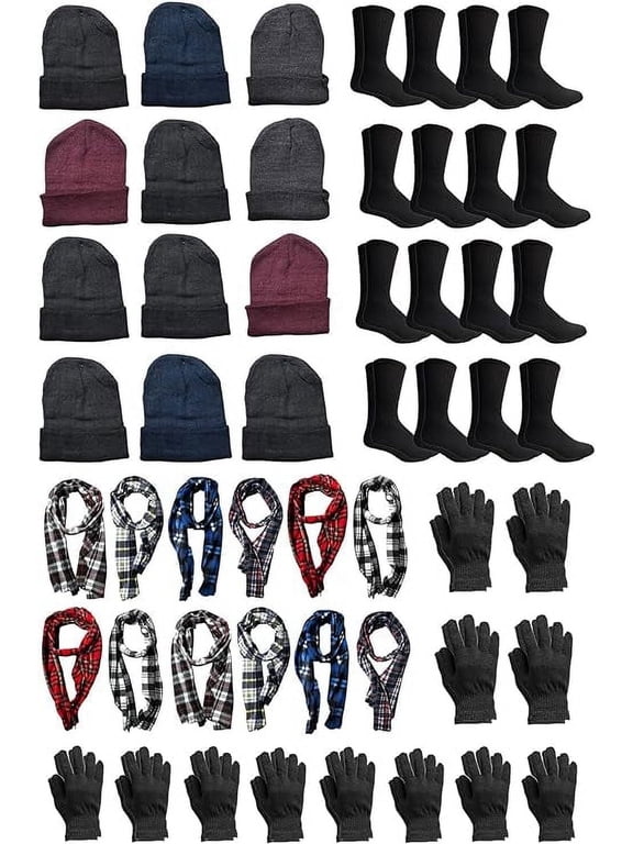 48 Piece Bulk Mens Winter Kit For Adults: 12 Pairs Gloves + 12 Beanies + 12 Crew Socks + 12 Scarves, Donating Homeless Packs