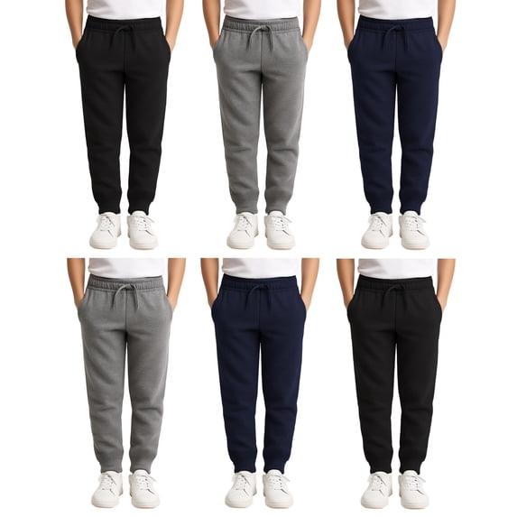 Yacht & Smith 6 Pack of Boys Jogger Bulk Sweatpants, Black Navy Gray, Comfy Lounge Joggers for Kids