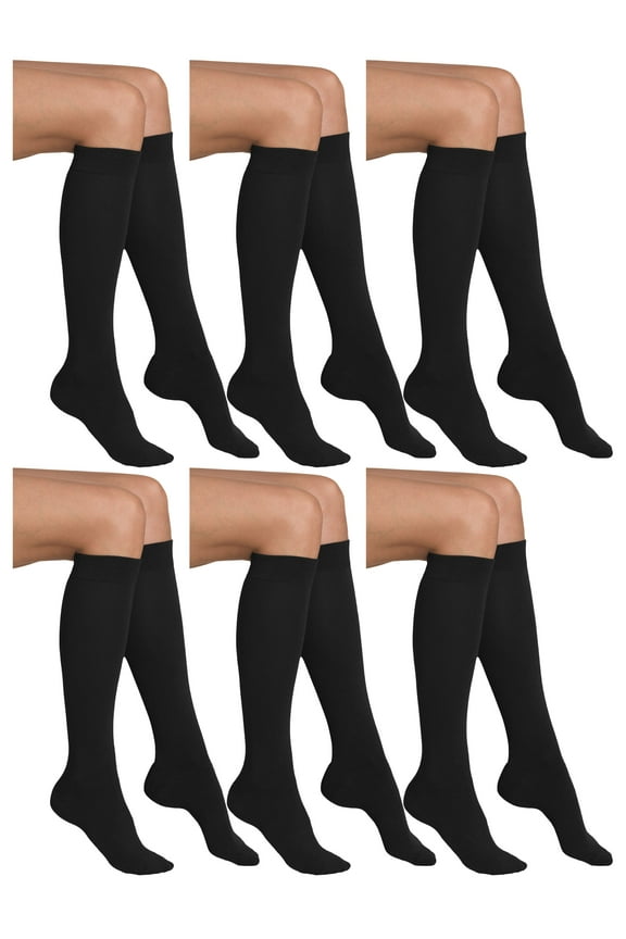 6 Pairs of Women's Cotton Knee High Socks, Solid Colors Stylish Boot Sock, Black